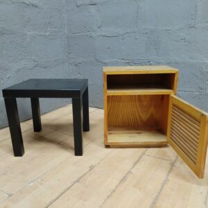Pair: Small Black Square Side Table & Light-Wood Cabinet / Nightstand (2 pieces)