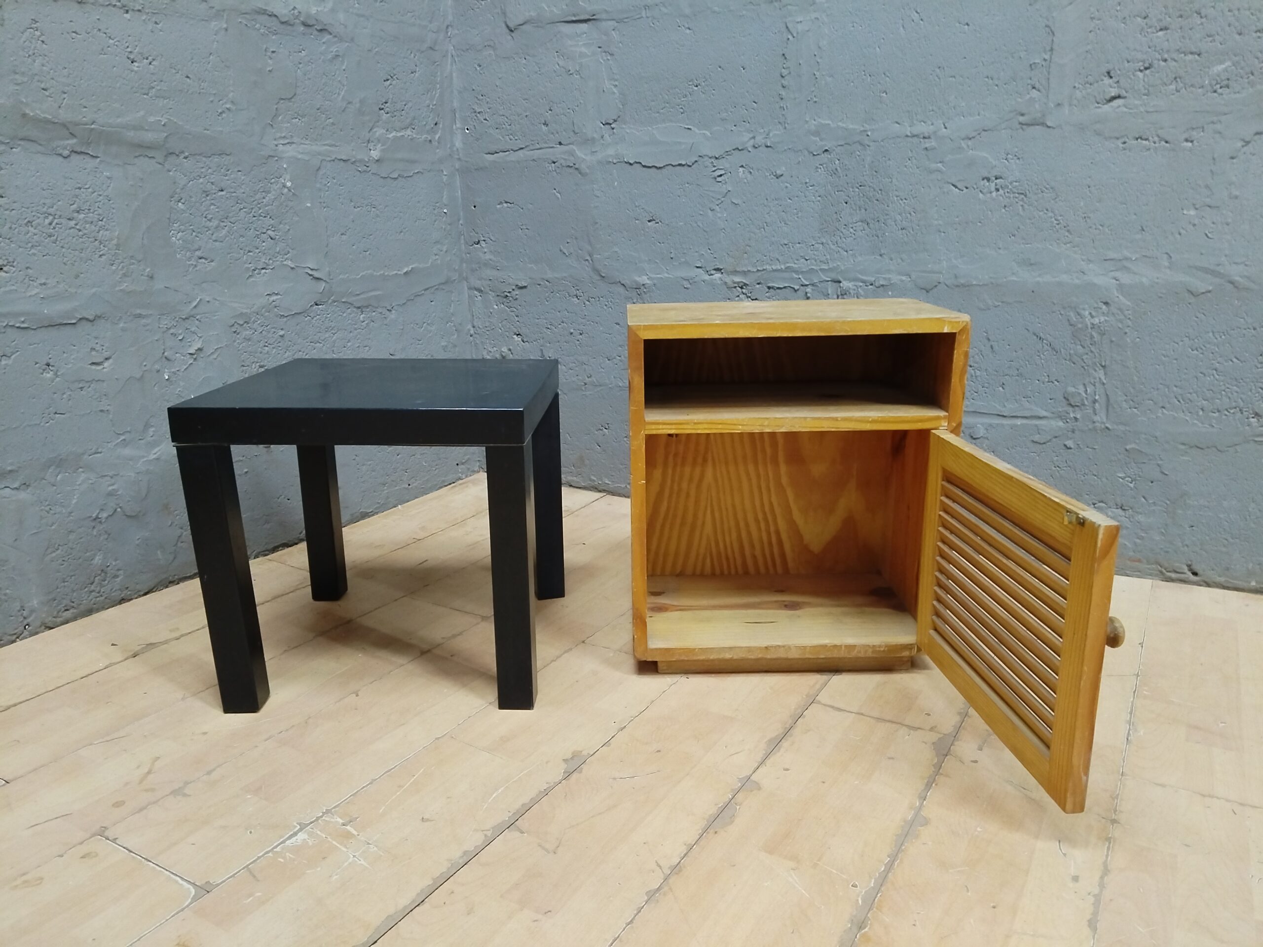 Pair: Small Black Square Side Table & Light-Wood Cabinet / Nightstand (2 pieces)
