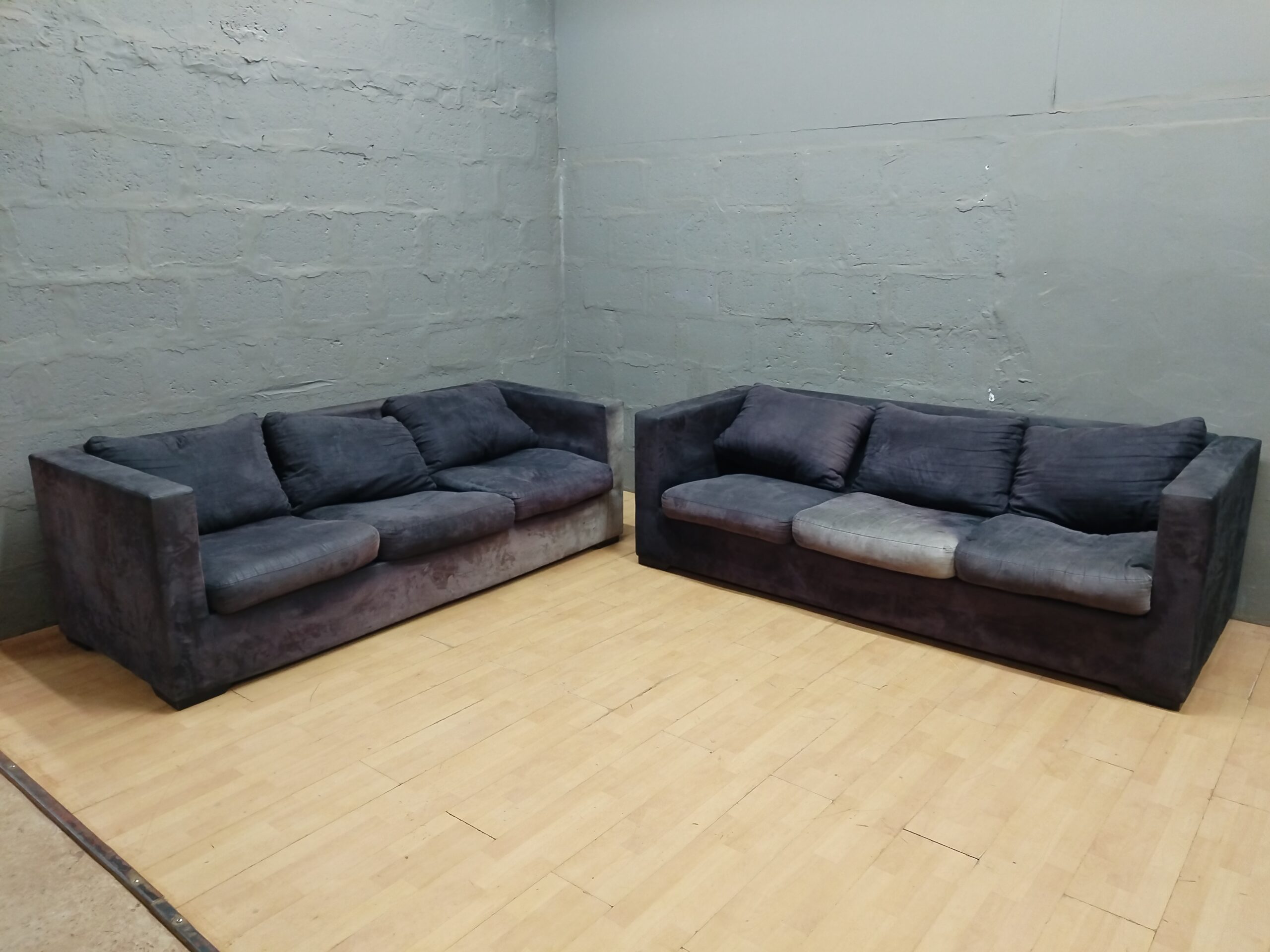 Pair of Dark-Grey 3-Seat Sofas (Set of 2) — Heavy Soiling & Cushion Sagging