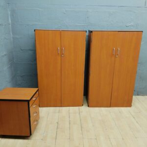 Wood-tone storage set: 2 tall cabinets + 4-drawer mobile pedestal (3 pieces)