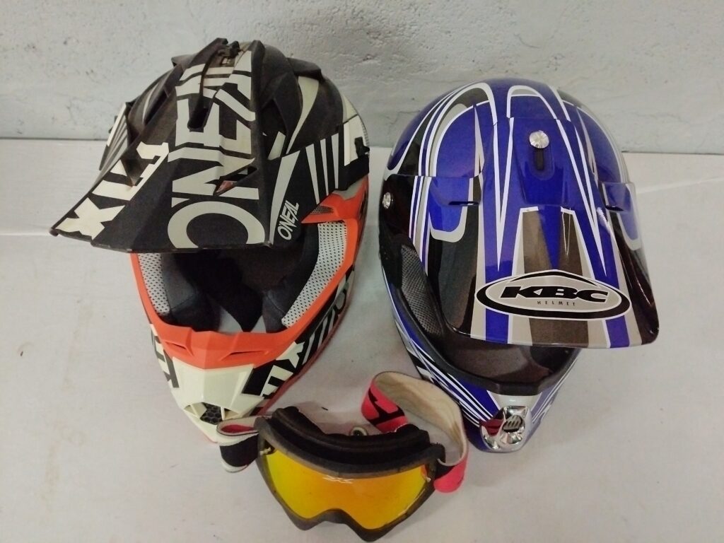 Pair of Dirt/Motocross Helmets (2) with Goggles — O’NEAL & KBC, used