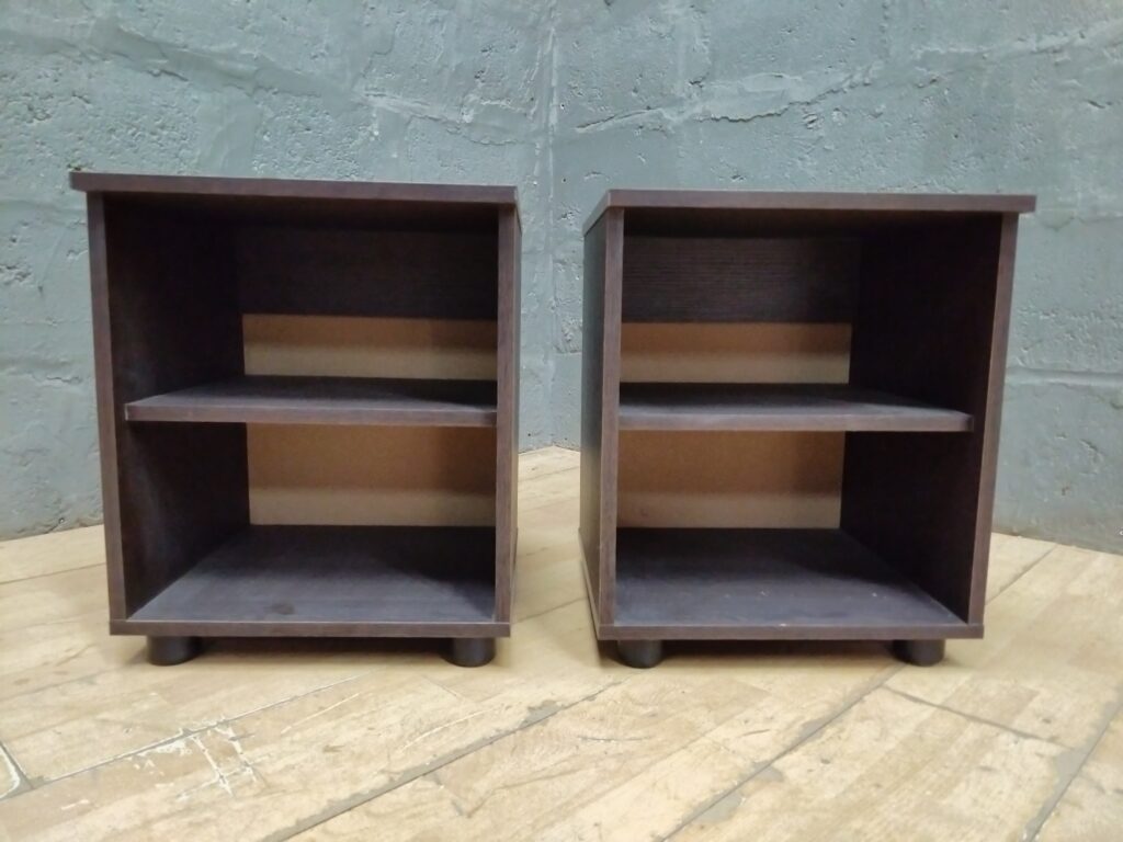 Pair of Small Open-Shelf Cube Bedside / Side Tables, Dark Brown Finish