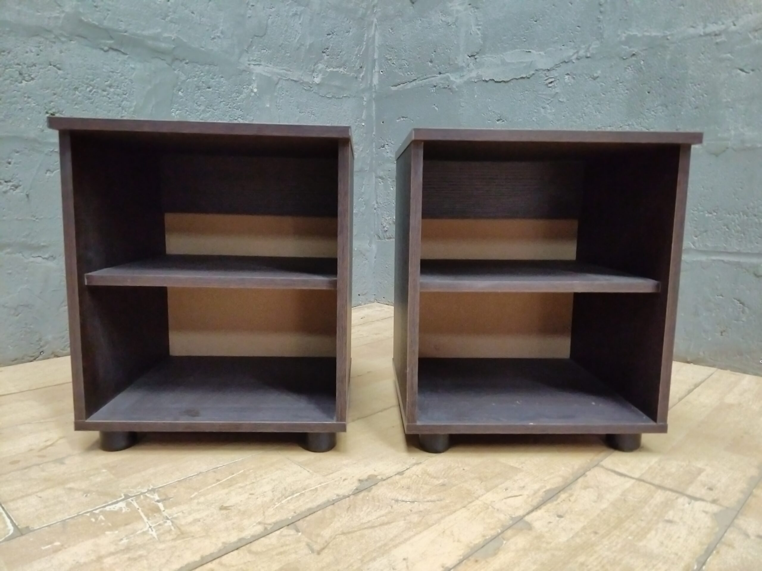 Pair of Small Open-Shelf Cube Bedside / Side Tables, Dark Brown Finish