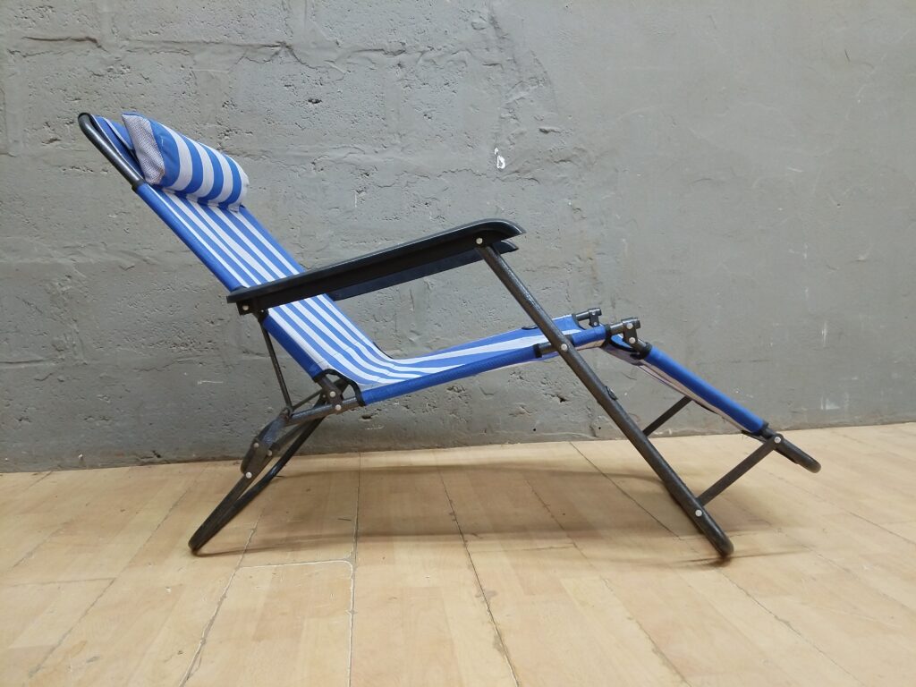 Folding Reclining Lounge / Chaise Chair — Blue Striped Fabric Sling, Metal Frame