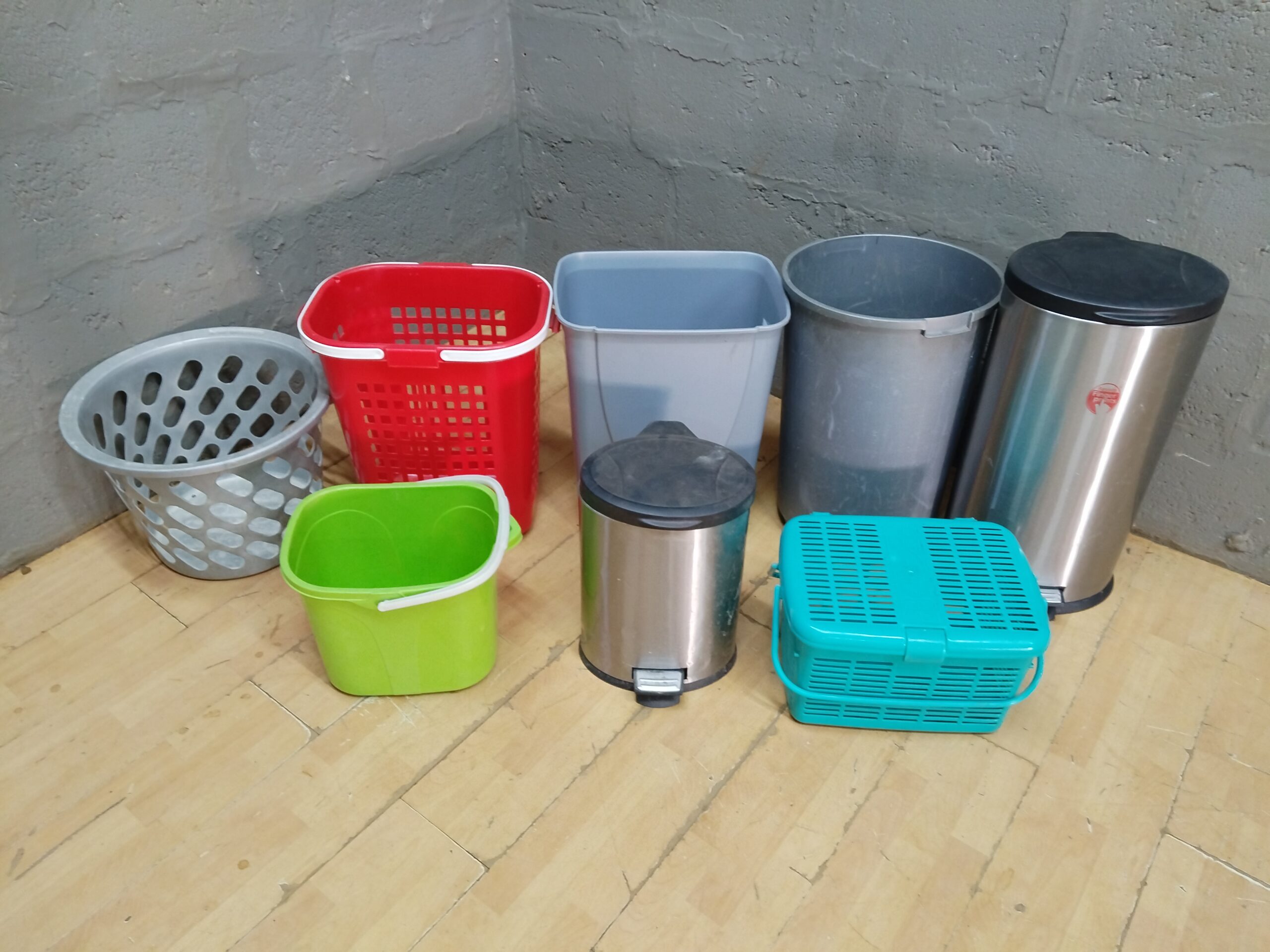 Bundle of 8 Assorted Household Bins, Buckets, Baskets & 2 Stainless Pedal Cans
