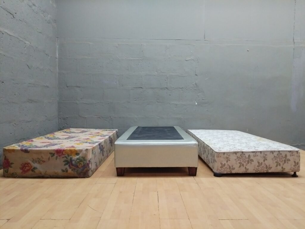 Set of 3 Single Bed Bases – Assorted Upholstery, one missing legs