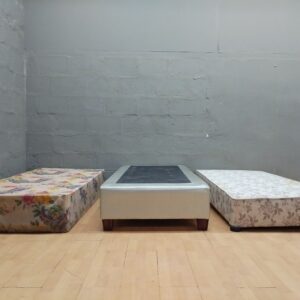 Set of 3 Single Bed Bases – Assorted Upholstery, one missing legs