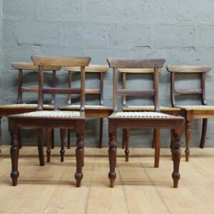 Set of 6 Stinkwood Dining Chairs with Woven Seats — Mixed Finishes, Repair Required
