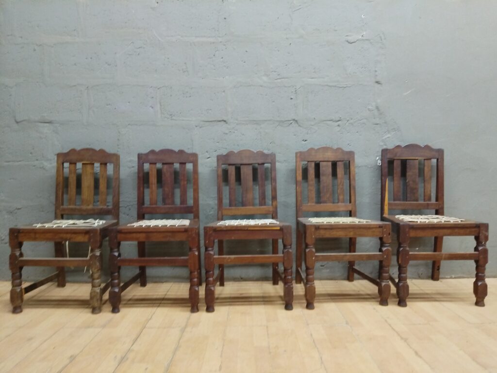 Set of 5 Tamboti Wood Riempies Chairs — Seats Need  Repairs