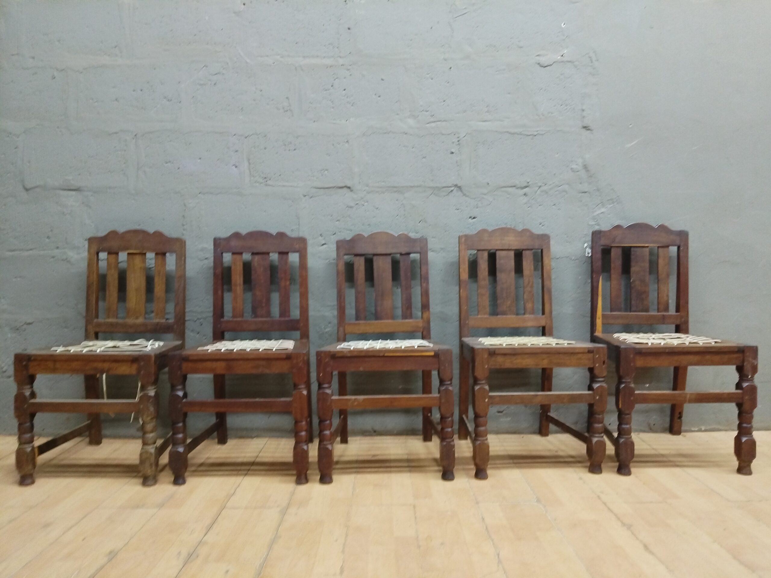 Set of 5 Tamboti Wood Riempies Chairs — Seats Need  Repairs