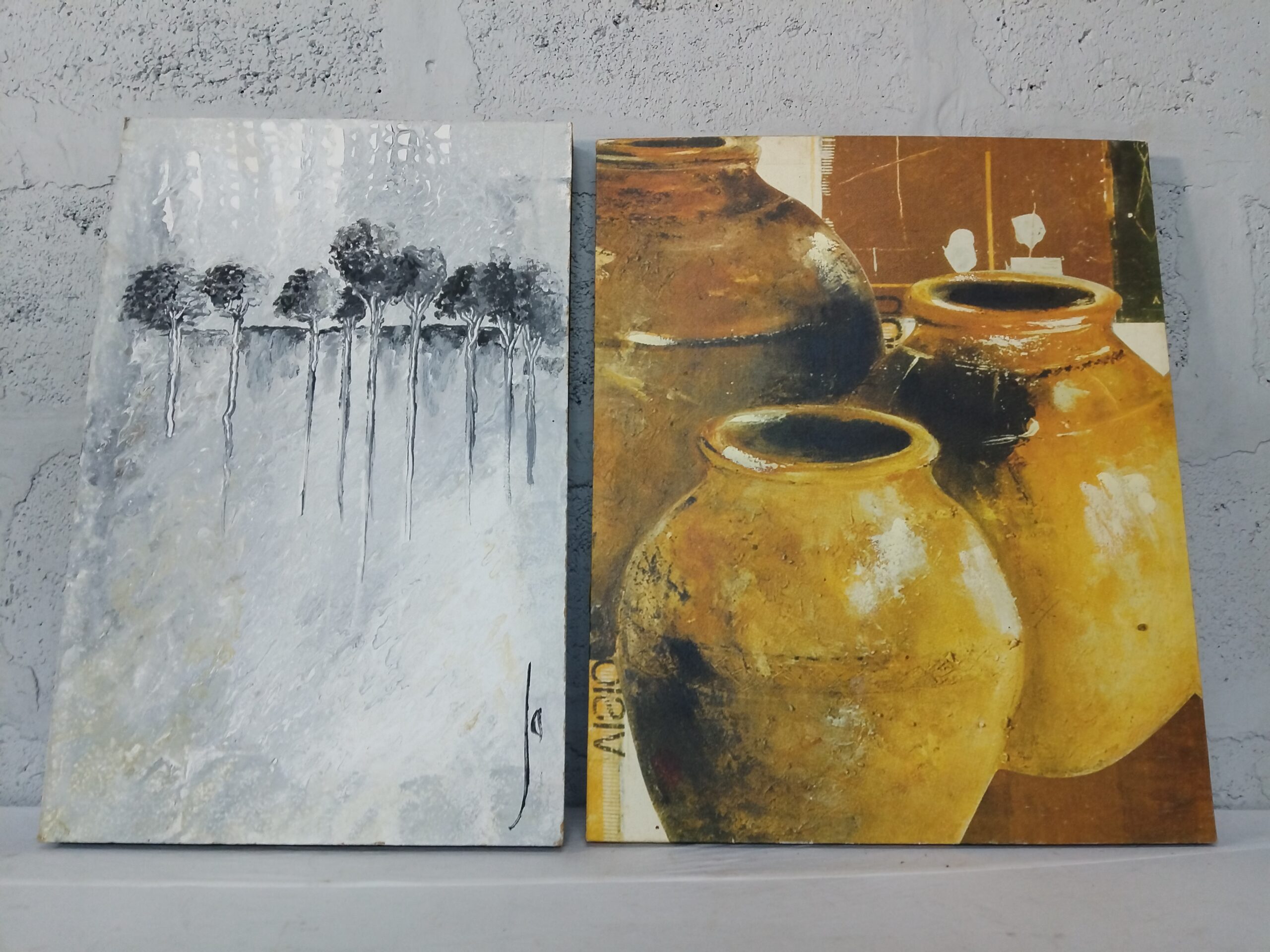 Pair of Wall Art Panels — Monochrome Tree & Ochre Pots, Two-Piece Set