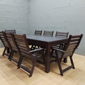 Long Wooden Dining Table with 10 Matching Slatted Chairs — Set of 11