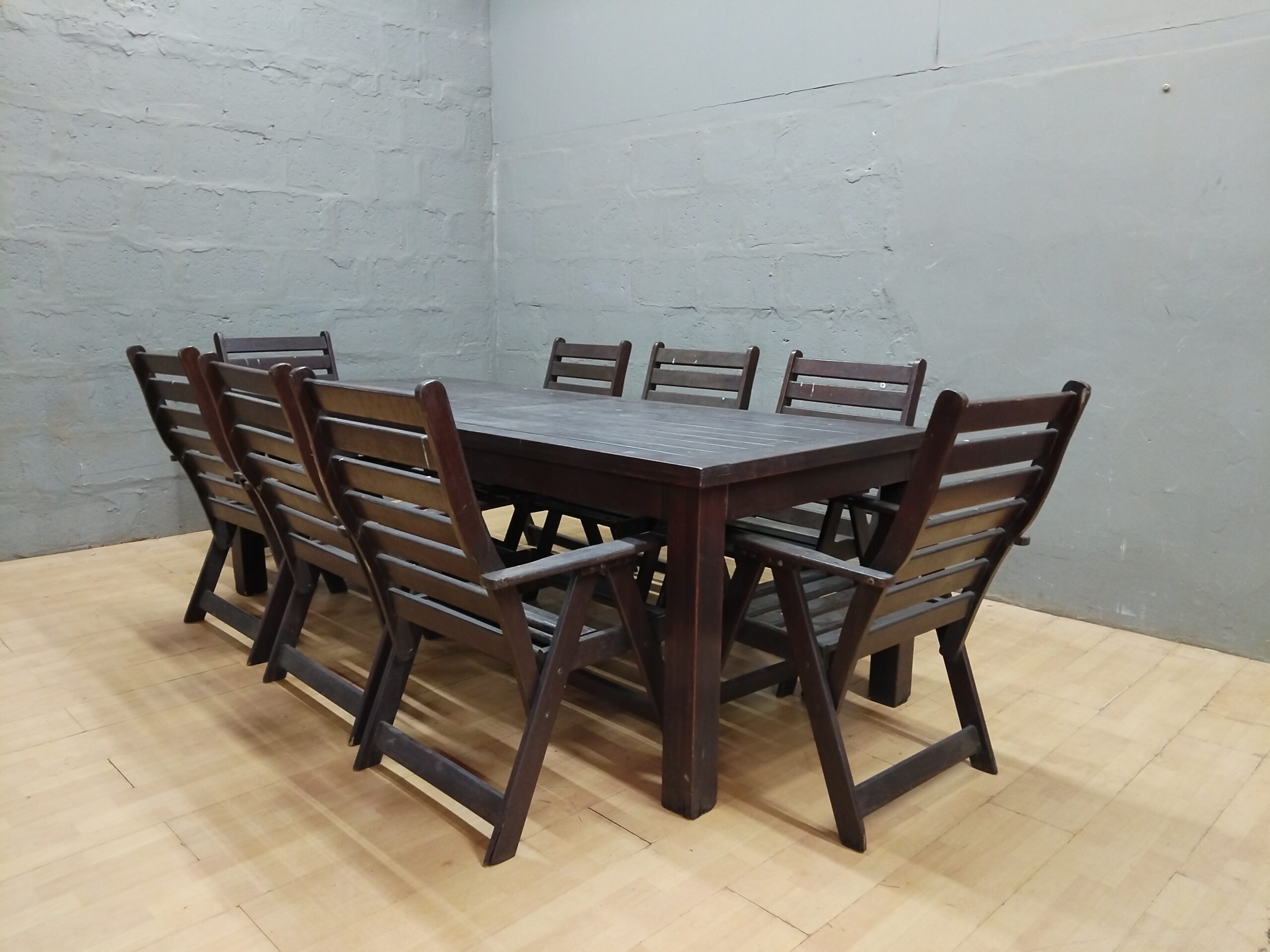Long Wooden Dining Table with 10 Matching Slatted Chairs — Set of 11