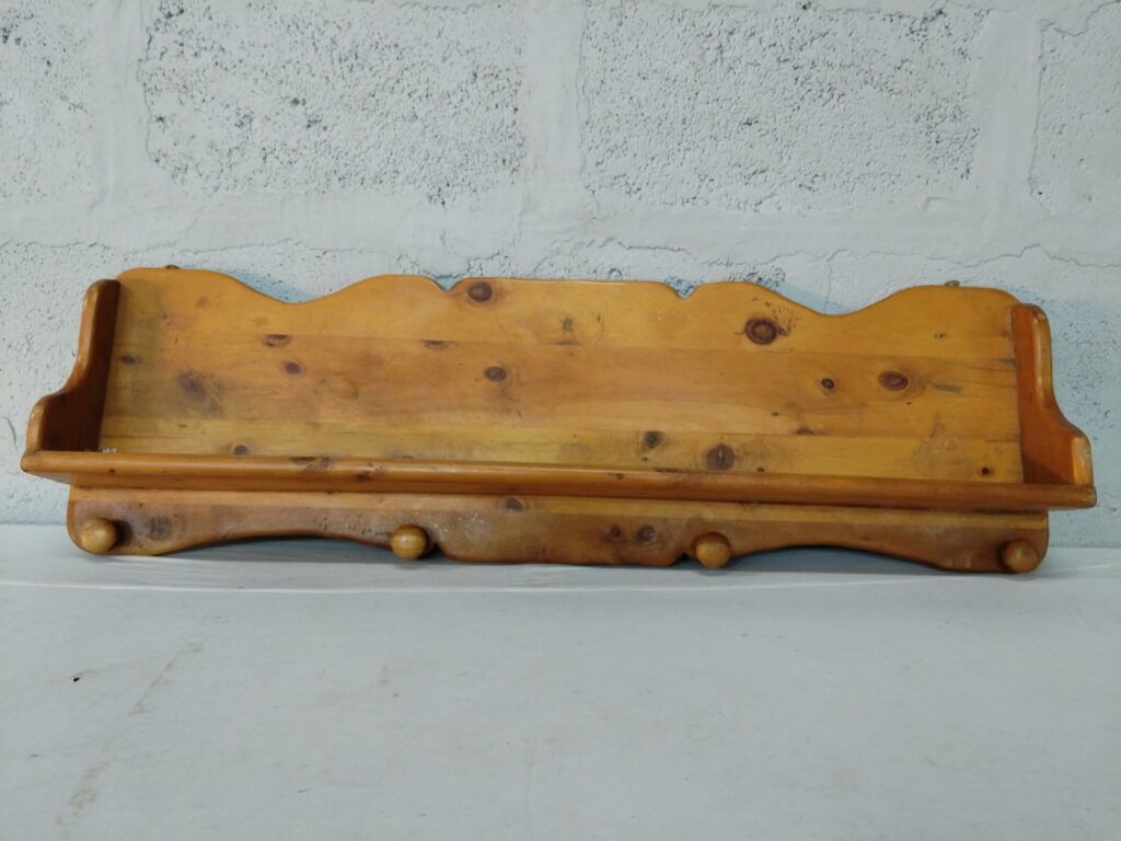 Light-brown Wooden Wall Shelf with Front Rail & Four Pegs (99 x 12 x 30 cm)