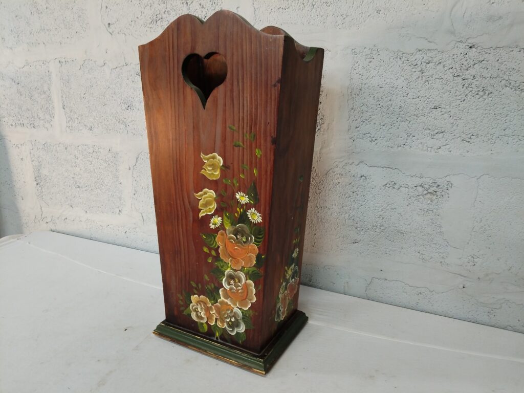 Hand-Painted Wooden Tall Decorative Container with Heart Cutout