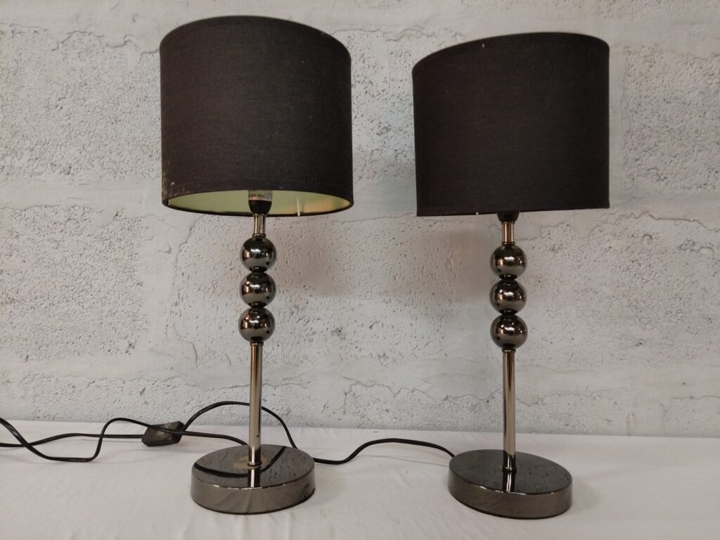 Pair of Modern Table Lamps with Black Shades and Chrome Bases