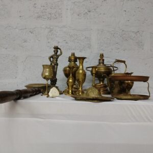 Bulk Lot of Assorted Vintage Brass & Copperware – Candlesticks, Vases, Kettle, Lamp Bases & More (14 Pieces)