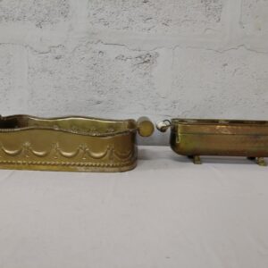 Pair of Vintage Brass Planters – Ornate Handles, Decorative Feet, Distressed Patina