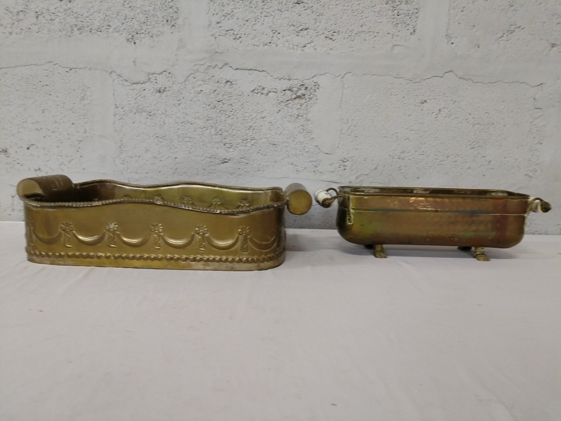 Pair of Vintage Brass Planters – Ornate Handles, Decorative Feet, Distressed Patina