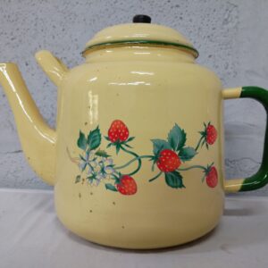 Vintage Yellow Enamel Teapot with Strawberry Motif – Charming Collectible, Used Condition