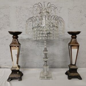 Crystal Table Lamp with Hanging Prisms and Pair of Mirrored Candle Holders – 3-Piece Decorative Set