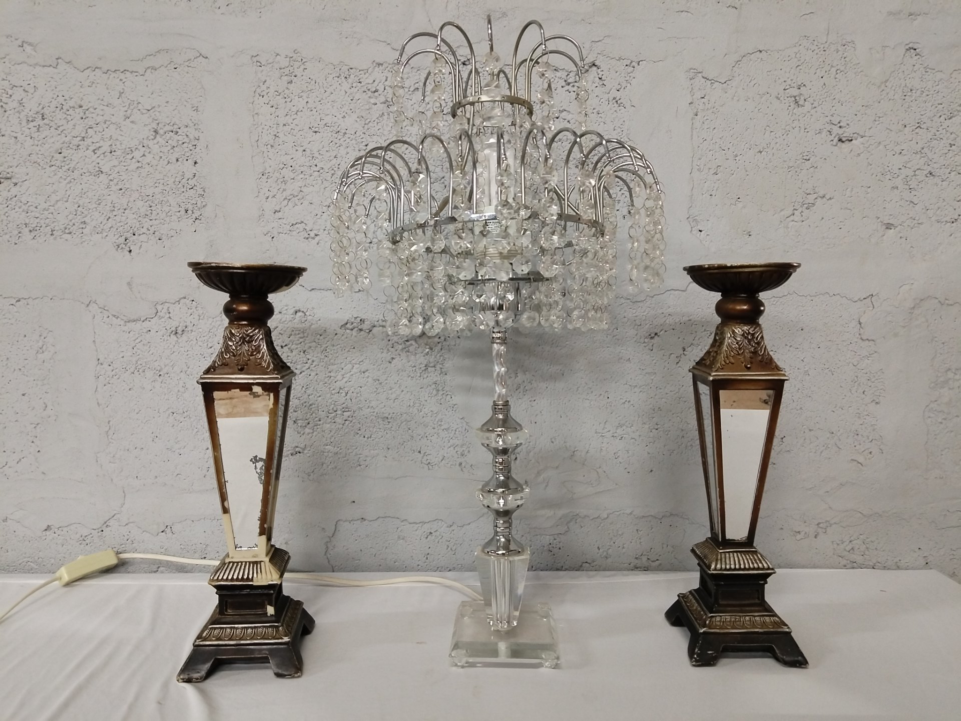 Crystal Table Lamp with Hanging Prisms and Pair of Mirrored Candle Holders – 3-Piece Decorative Set