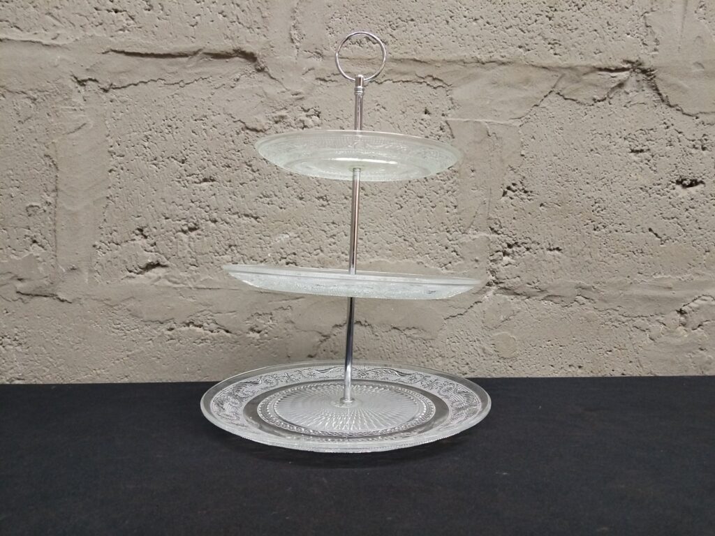 Three-Tier Glass Cake Stand with Metal Handle – Elegant Etched Design, 36cm Tall