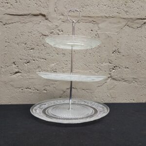 Three-Tier Glass Cake Stand with Metal Handle – Elegant Etched Design, 36cm Tall
