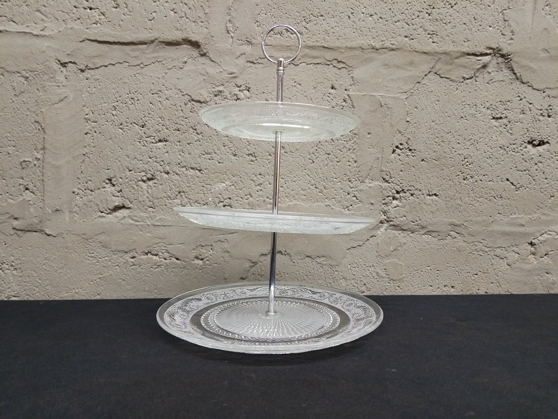 Three-Tier Glass Cake Stand with Metal Handle – Elegant Etched Design, 36cm Tall