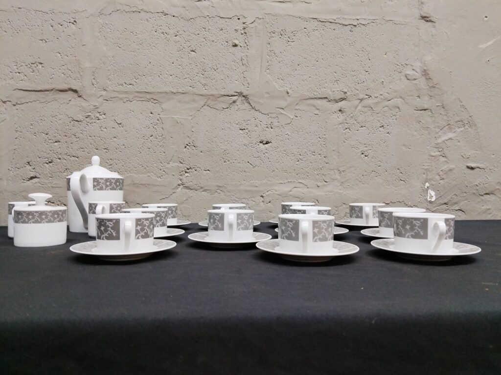 15-Piece Elegant Grey & White Tea/Coffee Set – Complete with Pot, Creamer & Sugar Bowl