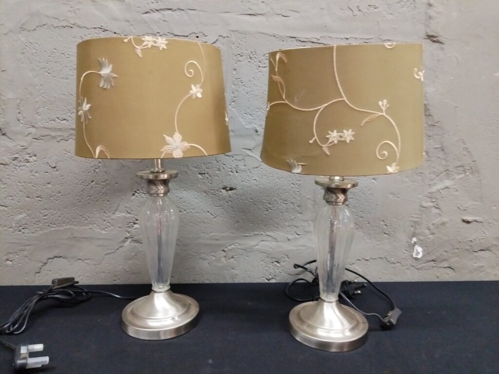Pair of Elegant Glass & Metal Table Lamps with Embroidered Shades (52cm)