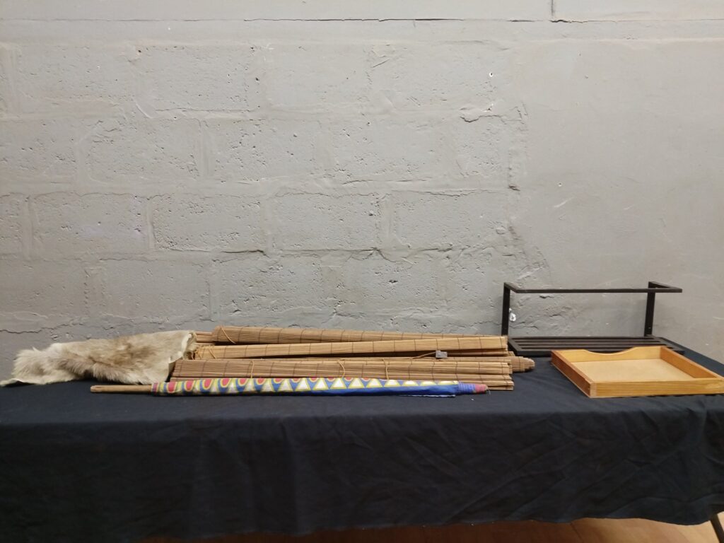 Mixed Lot: 4 Bamboo Blinds, Animal Pelt, Painted Stick, Wall Shelf & Wooden Tray (7 Items)