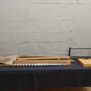 Mixed Lot: 4 Bamboo Blinds, Animal Pelt, Painted Stick, Wall Shelf & Wooden Tray (7 Items)