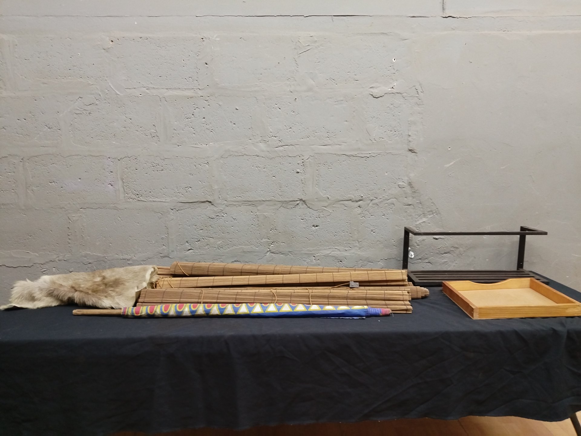 Mixed Lot: 4 Bamboo Blinds, Animal Pelt, Painted Stick, Wall Shelf & Wooden Tray (7 Items)