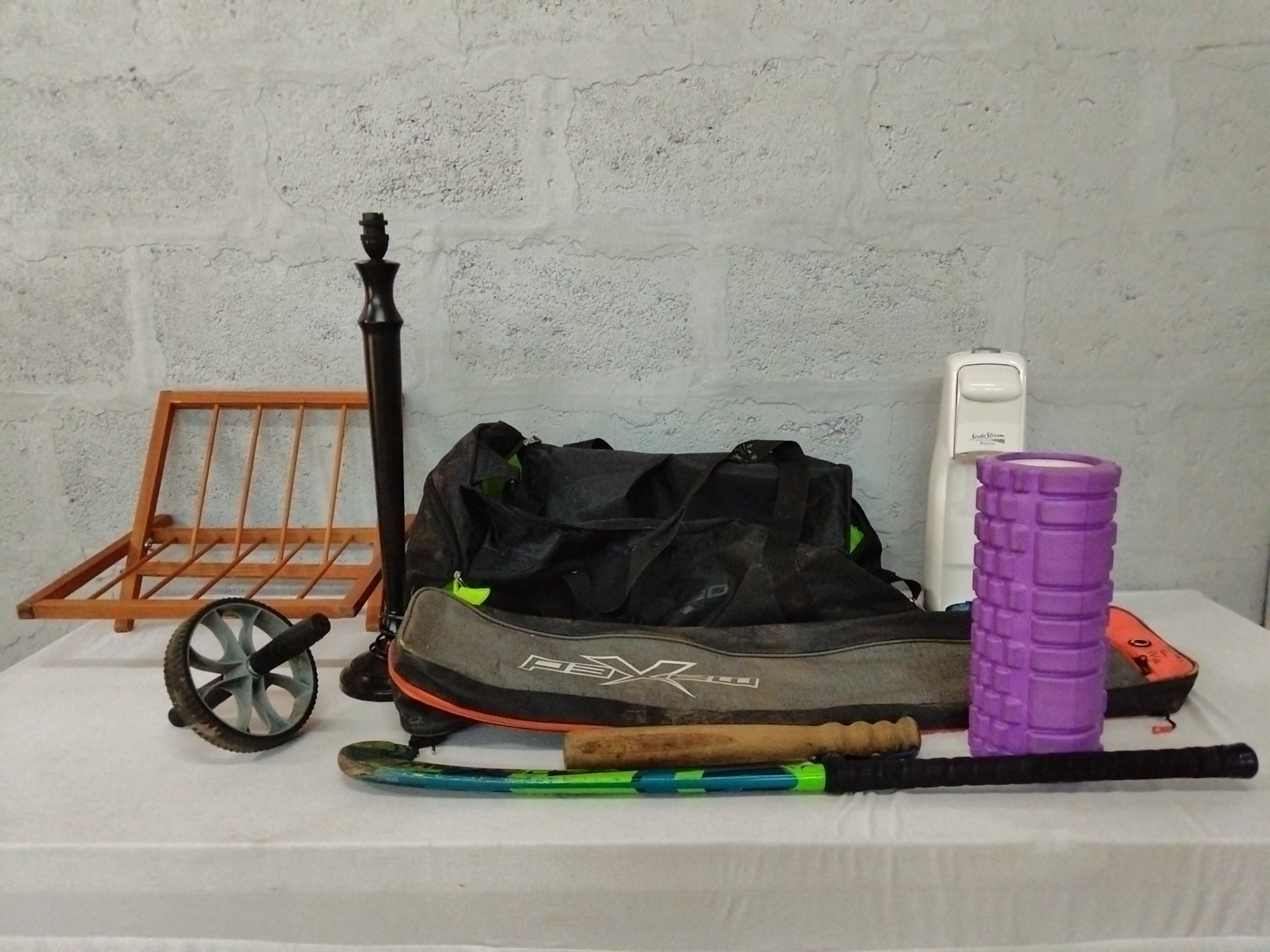 Assorted Household & Sports Lot — SodaStream Premium (body only), roller, bags, lamp base, sticks & more