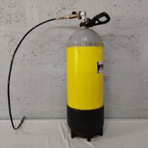 Used 15.0L Compressed Gas Cylinder with Valve, Hose and Base Protector — Untested, Surface Corrosion