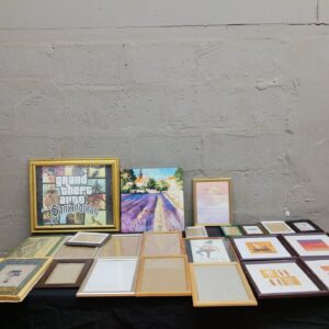 Mixed lot of 22 picture frames & framed prints — assorted sizes, mostly with glass