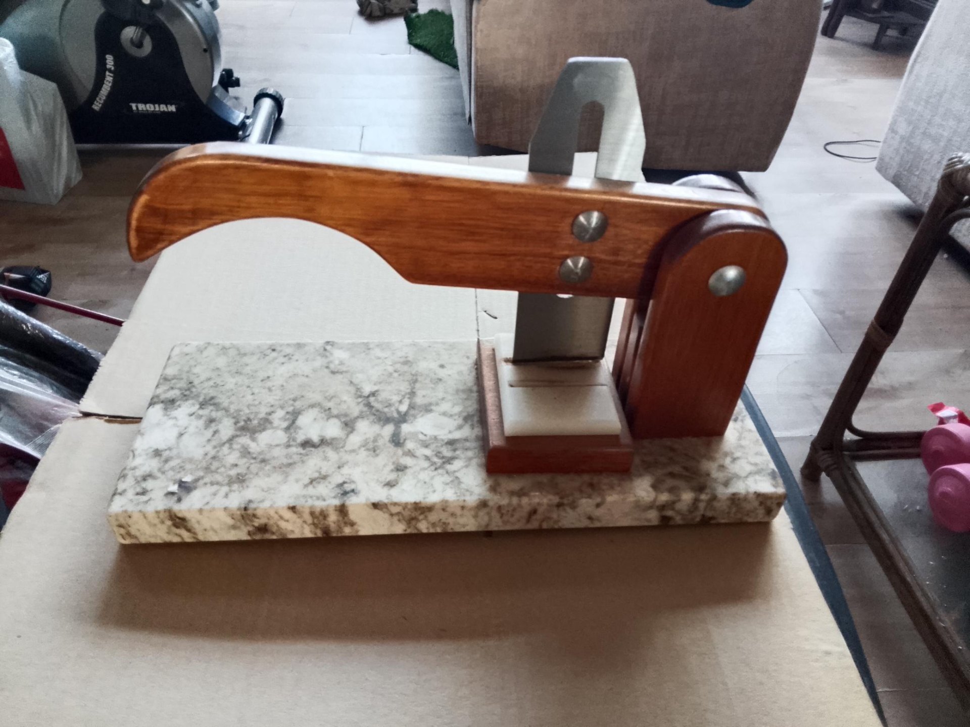 Manual Biltong/Board Cutter — Wooden Lever, Metal Blade on Marble Base (Untested)