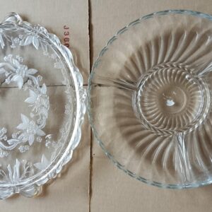 Pair of Clear Pressed Glass Serving Dishes — Decorative Oval Platter & Divided Bowl