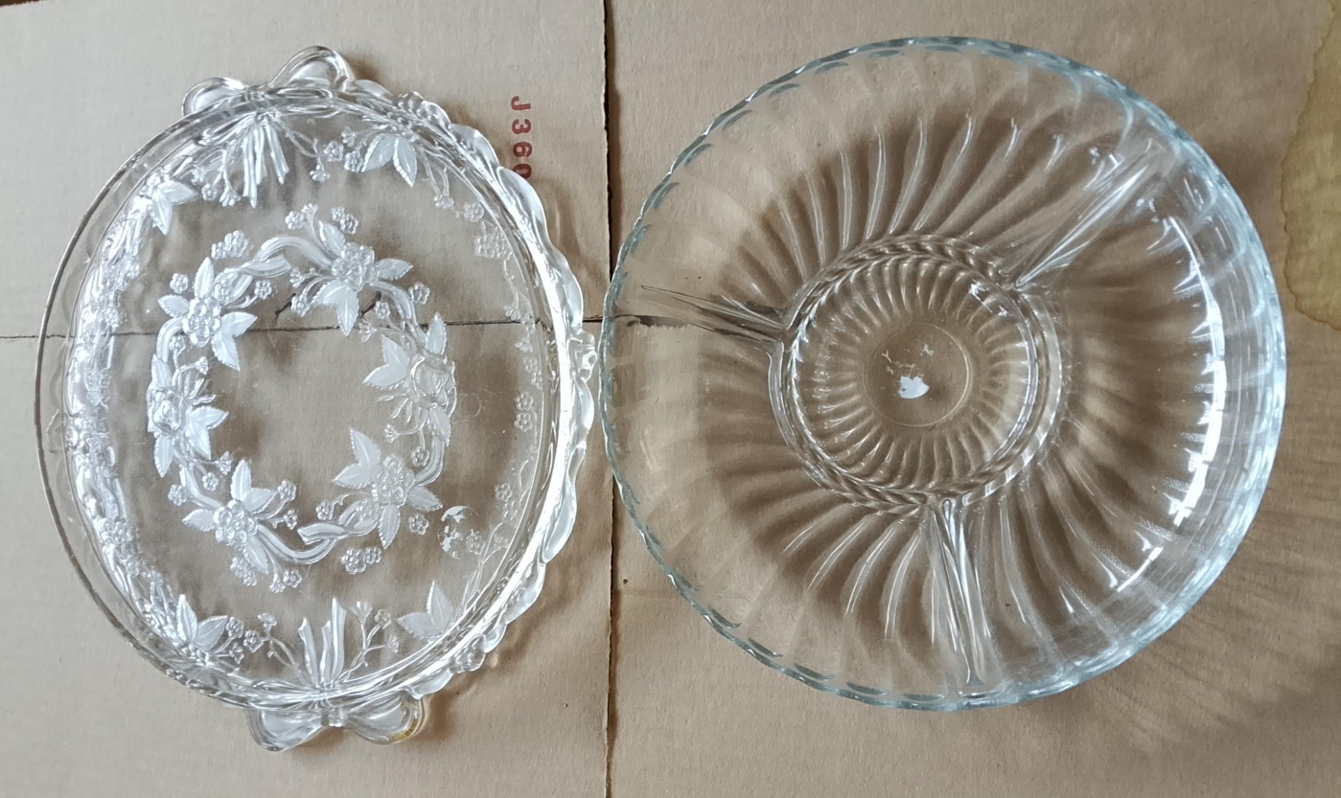 Pair of Clear Pressed Glass Serving Dishes — Decorative Oval Platter & Divided Bowl