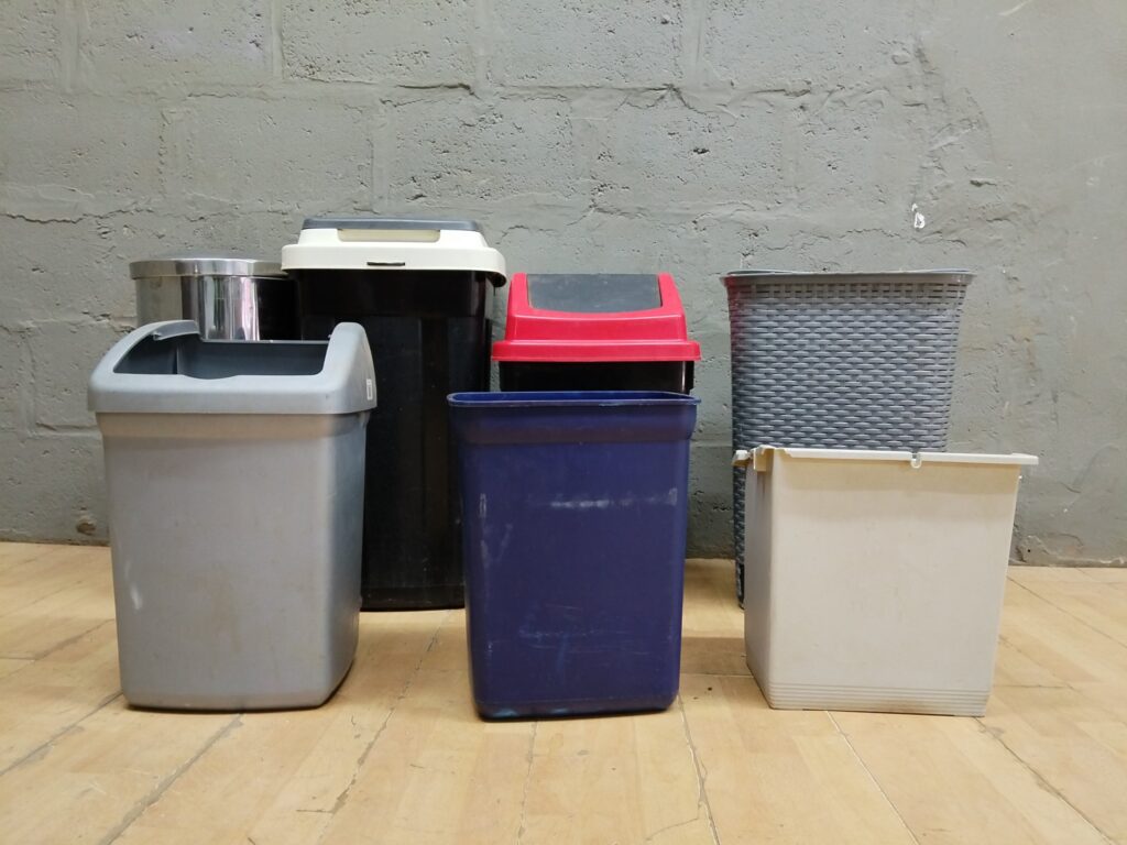 Lot of 7 Assorted Waste Bins & Hampers – Mixed Household Bins, Used, One Split