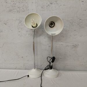 Pair of Greenville GT 005 white gooseneck table lamps — adjustable heads, inline switches