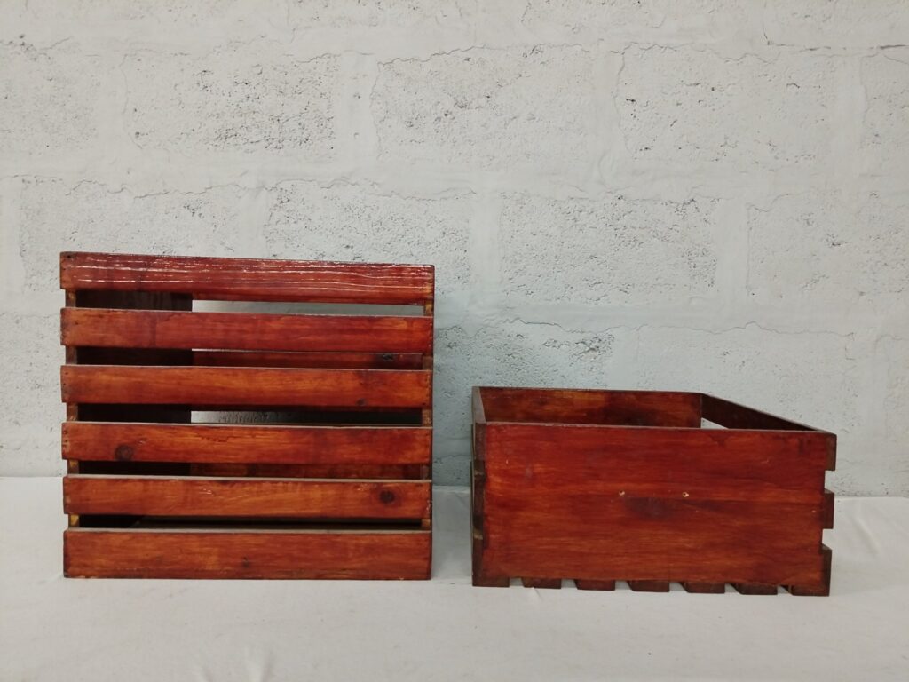 Pair of varnished slatted wooden storage crates — 2 pieces