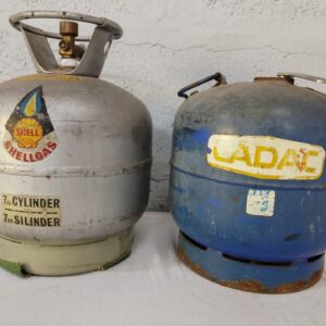 Lot: 2 x Portable 3kg Gas Cylinders (Shell / LADAC stickers) — used, untested, rust to base