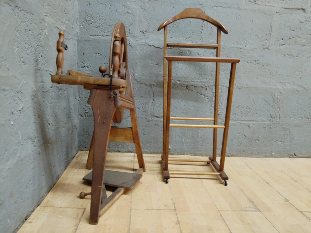 Vintage wooden spinning wheel + valet / coat stand — decorative or restoration project