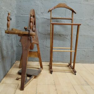 Vintage wooden spinning wheel + valet / coat stand — decorative or restoration project