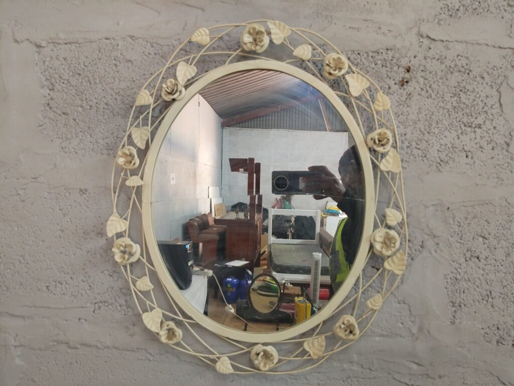 Oval Wall Mirror with Painted Metal Floral Frame — Cracked Glass, Ready to Hang (49 x 50cm)