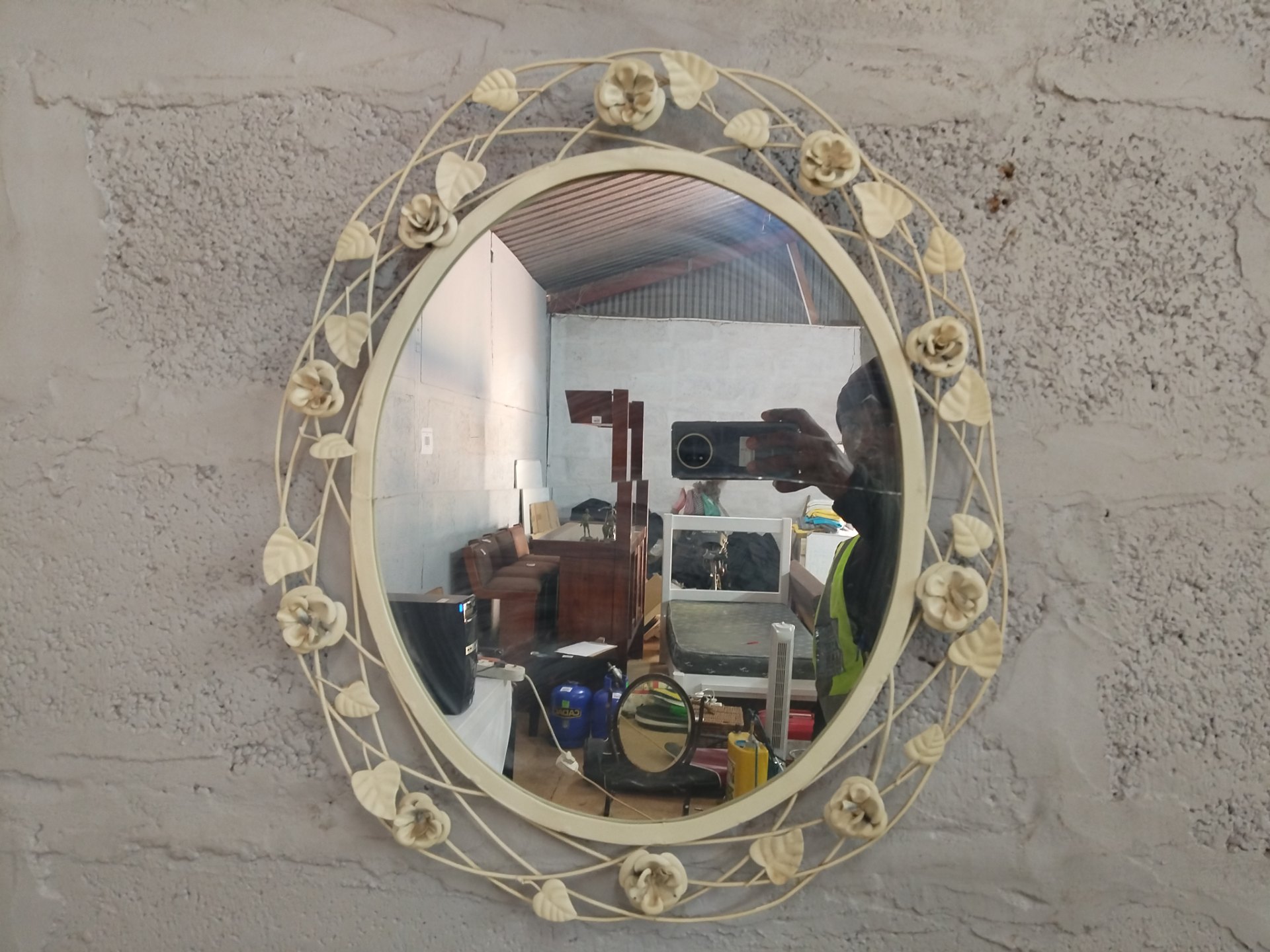 Oval Wall Mirror with Painted Metal Floral Frame — Cracked Glass, Ready to Hang (49 x 50cm)
