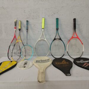 Mixed lot of 6 used tennis/badminton rackets with 5 soft covers (Dunlop, Prince, Yonex, Kennex, Spalding visible)