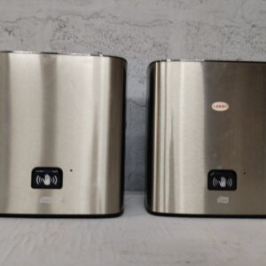 Lot of 2 Tork stainless automatic paper towel dispensers — battery-powered, working with faults (broken towel holder)
